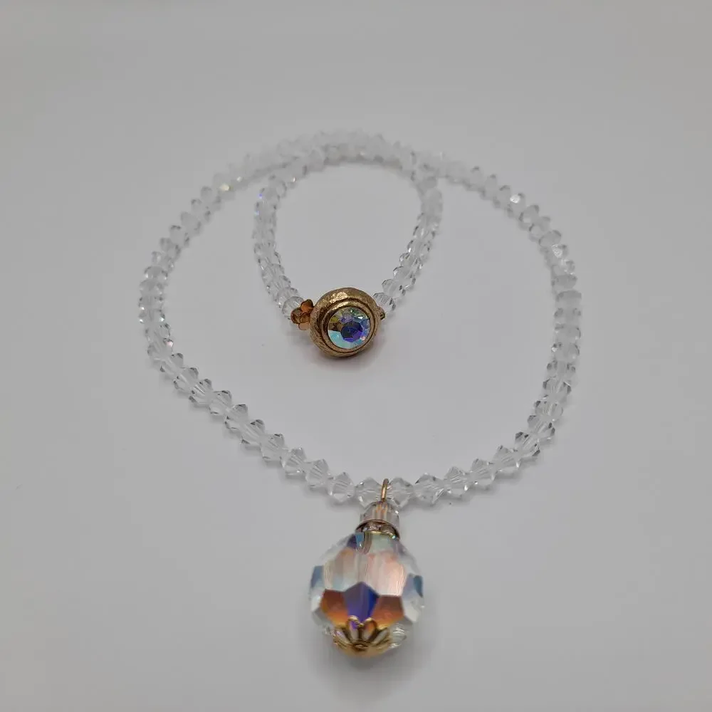 Vintage 1960s Crystal Faceted Pendant Necklace, AB Rhinestone Box Clasp, 17 Inch